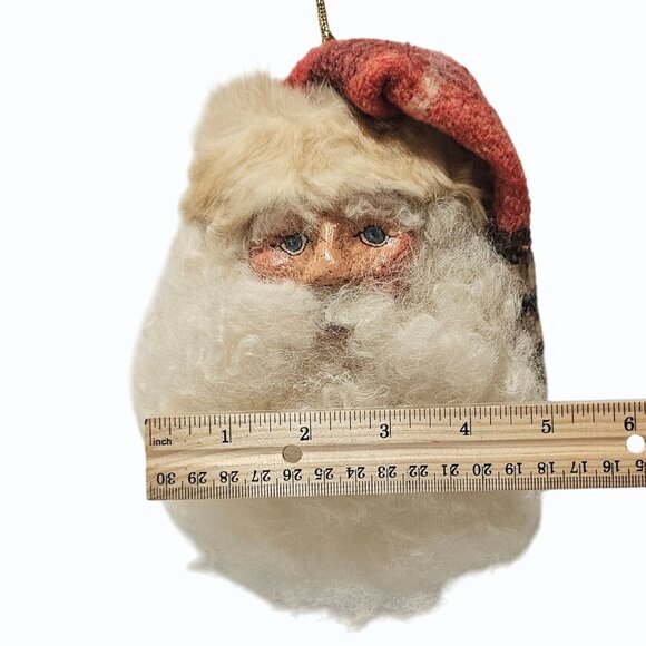 Vtg 7" Paper Mache Santa Face Ornament Wool Beard Rabbit Fur Trim Fabric Hat - Picture 10 of 10